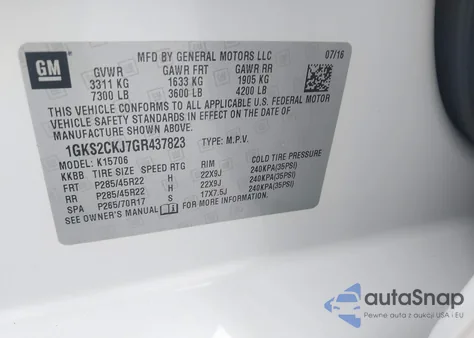 2016 GMC Yukon Denali из США, поврежденный, VIN 1GKS2CKJ7GR437823